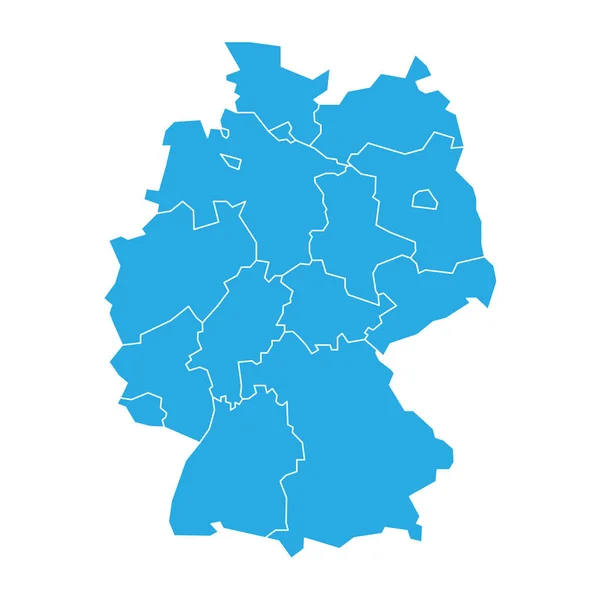 Mapa de Alemania dividido en 13 estados federales y 3 ciudades-estado - Berlín, Bremen y Hamburgo. Silueta simple plano en blanco vector azul mapa — Archivo Imágenes Vectoriales