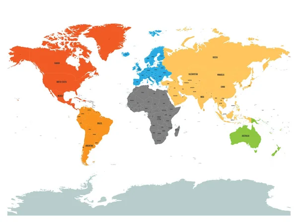 Mapa político do mundo com a Antártida. Continentes em cores diferentes sobre fundo branco. Etiquetas pretas com nomes de estados e territórios dependentes significativos. Ilustração vetorial de alto detalhe —  Vetores de Stock