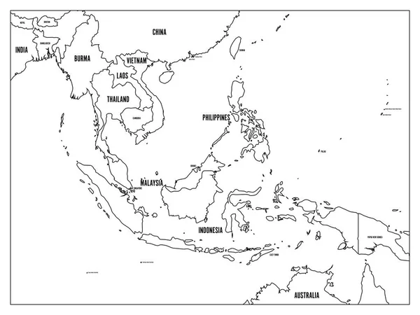 Politická mapa jihovýchodní Asie. Černý obrys na bílém pozadí s černou zemi jmenovek. Jednoduchý plochý vektorové ilustrace — Stockový vektor