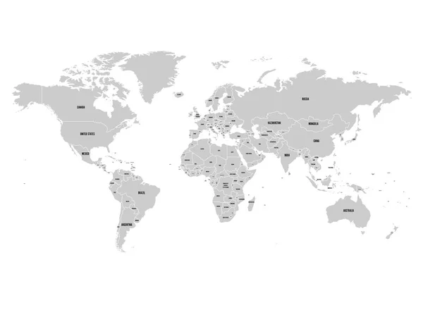Antarktika ile dünya siyasi Haritası. Gri arazi, beyaz beyaz arka plan üzerinde komşudur. Siyah etiketleri Birleşik ve önemli ülkeleri adları. Yüksek detay vektör çizim — Stok Vektör