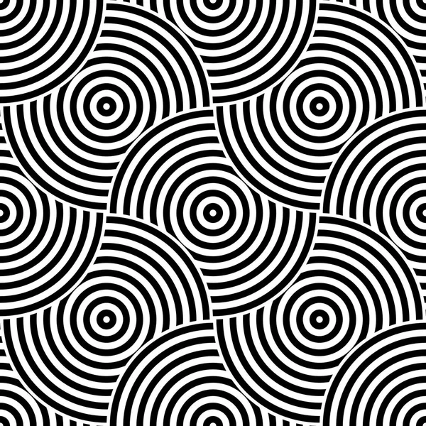 Adorno de fondo de patrón sin costuras de círculos concéntricos a rayas. Mosaico retro de arcos en blanco y negro. Elemento de diseño vectorial — Vector de stock