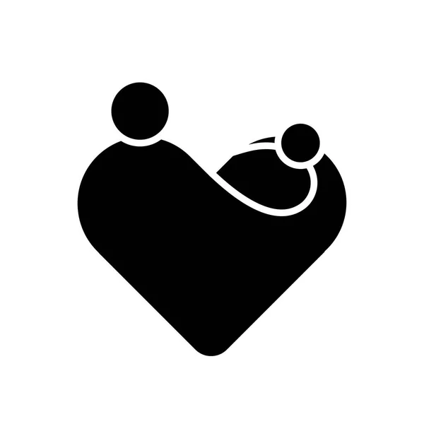 Madre con su hijo en sus manos. Símbolo simplificado en forma de corazón. Tema Día de la Maternidad o Madres. Ilustración plana vector negro — Vector de stock