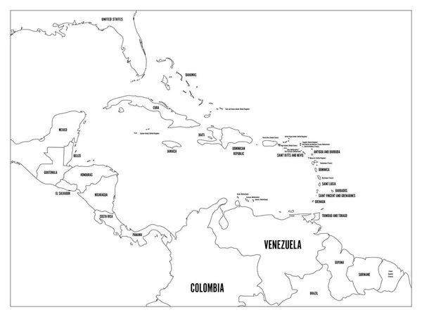 Mapa político de Centroamérica y los estados del Caribe. Borde de contorno negro con etiquetas de nombres de país negro. Ilustración simple vector plano — Archivo Imágenes Vectoriales