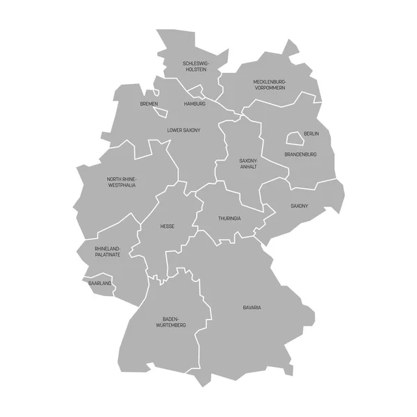 Карта Германии разделена на 13 федеральных штатов и 3 города-государства - Берлин, Бремен и Гамбург, Европа. Простая плоская серая векторная карта с черными метками — стоковый вектор