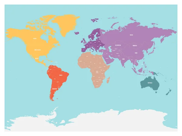 Mapa político del mundo con la Antártida. Continentes en diferentes colores sobre fondo azul. Etiquetas negras con nombres de estados y territorios dependientes significativos. ilustración vectorial de alto detalle — Vector de stock