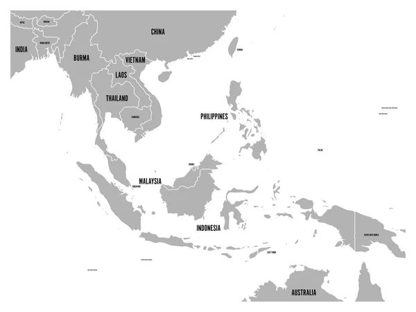 Mapa político del sudeste asiático. Tierra gris sobre fondo blanco con etiquetas de nombre de país negro. Ilustración simple vector plano — Vector de stock