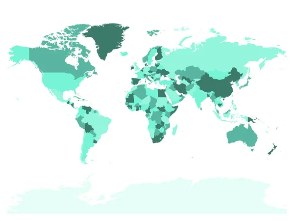 Mapa del mundo en cuatro tonos de turquesa sobre fondo blanco. Mapa político en blanco de alto detalle. Ilustración vectorial con trayectoria compuesta etiquetada de cada país — Vector de stock