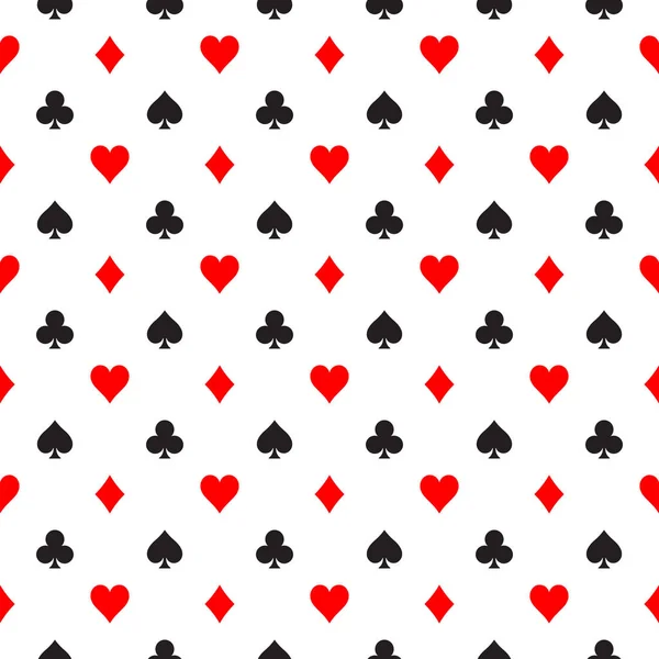 Безшовний візерунок фону покерних костюмів - серця, клуби, піки та діаманти - розташовані в рядах на білому тлі. тема азартних ігор казино Векторні ілюстрації — стоковий вектор