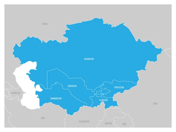 Карта региона Центральной Азии с голубым выделены Казахстан, Кыргызстан, Таджикистан, Туркменистан и Узбекистан. Плоская серая карта с белыми границами страны — стоковый вектор
