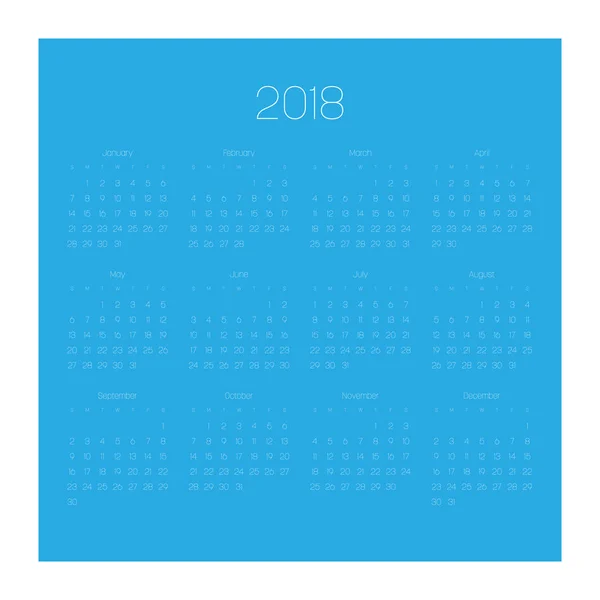 Векторный календарь - 2018 год. Неделя начинается в воскресенье. Простая плоская векторная иллюстрация с белыми цифрами и буквами на белом синем фоне — стоковый вектор