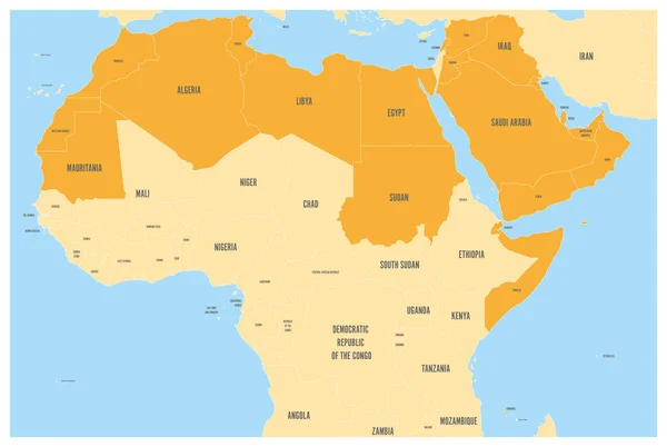 Arabische Weltstaaten politische Landkarte mit orange beleuchteten 22 arabischsprachigen Ländern der Arabischen Liga. Nordafrika und Nahost-Region. Vektorkarte mit blauem Wasser und gelben Ländern — Stockvektor