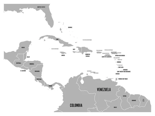 Közép-Amerika és a Karib-tenger Államok politikai térképe a szürke-fekete ország nevét címkékkel. Egyszerű lapos vektoros illusztráció — Stock Vector