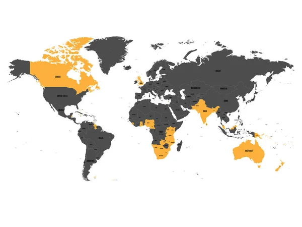 Estados miembros de la Mancomunidad Británica naranja destacado en el mapa mundial. Ilustración vectorial — Vector de stock