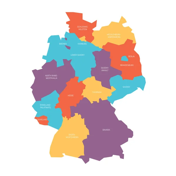 Mapa Niemiec przeniosła się do 13 krajów związkowych i 3 krajów związkowych - Berlina, Bremy i Hamburga, Europy. Prosta płaska mapa wektora w czterech kolorach z białymi etykietami — Wektor stockowy