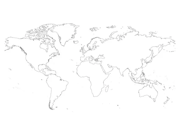 Plan détaillé de la carte du monde. Simple mince trait vectoriel noir sur fond blanc — Image vectorielle