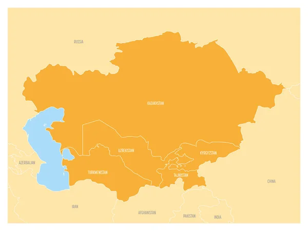 Mapa regionu střední Asie s oranžově zvýrazněna Kazachstán, Kyrgyzstán, Tádžikistán, Turkmenistán a Uzbekistán. Plochá Vektorová mapa s modrou vodou, žlutá země a země jmenovek — Stockový vektor