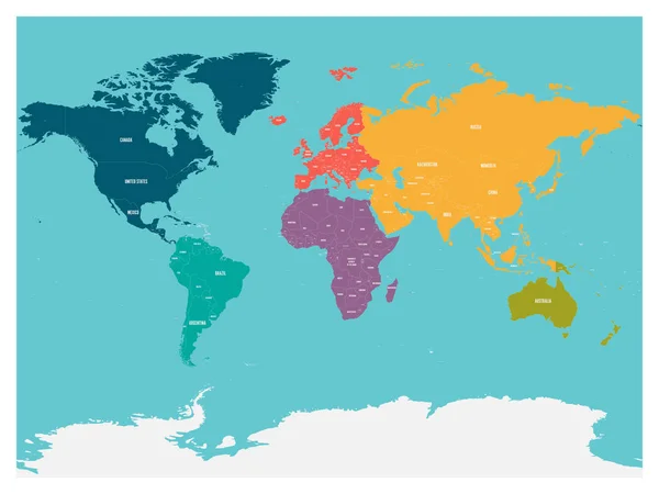 Polityczna mapa świata z Antarktydy. Kontynentach, w różnych kolorach na niebieskim tle. Białe etykiety z Państwa i nazwy znaczne terytoria zależne. Ilustracja wektorowa wysokiej szczegółowo — Wektor stockowy