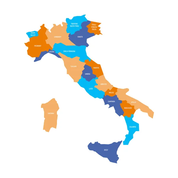 Mappa dell'Italia divisa in 20 regioni amministrative in quattro colori. Etichette bianche. Semplice illustrazione vettoriale piatta — Vettoriale Stock