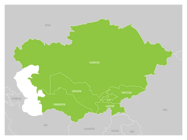 Mapa de la región de Asia Central con verde destacó Kazajstán, Kirguistán, Tayikistán, Turkmenistán y Uzbekistán. Mapa gris plano con fronteras blancas del país — Archivo Imágenes Vectoriales