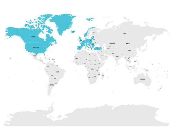 Организация Североатлантического договора, НАТО, страны-члены, отмеченные синей на мировой политической карте. 29 государств-членов с июня 2017 года — стоковый вектор