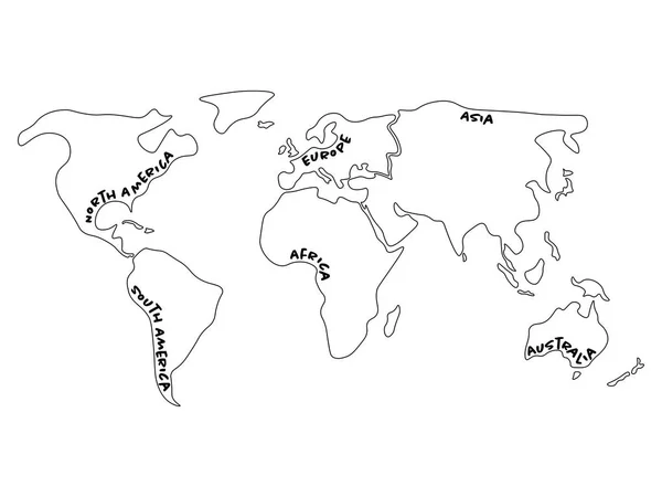 Världskartan fördelat på sex kontinenter - Nordamerika, Sydamerika, Afrika, Europa, Asien och Australien Oceanien. Förenklade disposition vektor karta med kontinenten namnetiketter böjda av gränser — Stock vektor