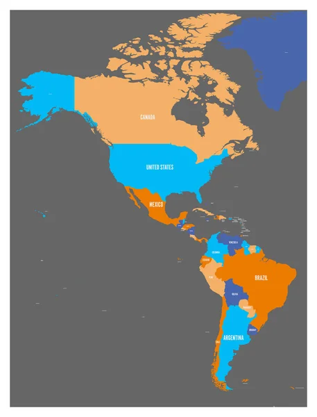 Amerika siyasi Haritası koyu gri arka plan üzerinde dört renkte. Kuzey ve Güney Amerika ülke etiketleri. Basit düz vektör çizim — Stok Vektör