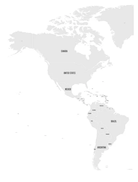 Gri beyaz arka plan üzerinde siyasi harita Amerika. Kuzey ve Güney Amerika ülke etiketleri. Basit düz vektör çizim — Stok Vektör
