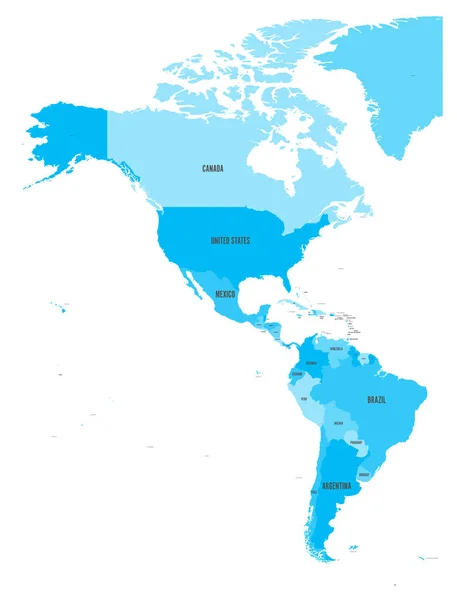 Politikai térképét Americas négy árnyalatú kék-fehér alapon. Észak- és Dél-amerikai ország címkékkel. Egyszerű lapos vektoros illusztráció — Stock Vector