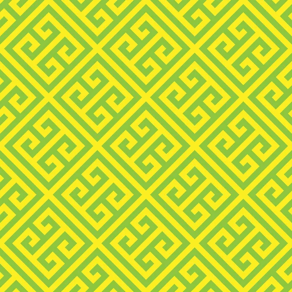 Clé grecque fond de motif sans couture en vert et jaune. Design ornemental abstrait vintage et rétro. Illustration vectorielle plate simple — Image vectorielle