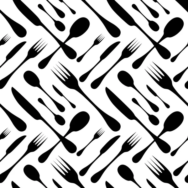 餐具无缝矢量模式。银器手工具-汤匙、 刀子和叉子在白色背景上的黑色剪影。餐厅和餐主题壁纸设计 — 图库矢量图片