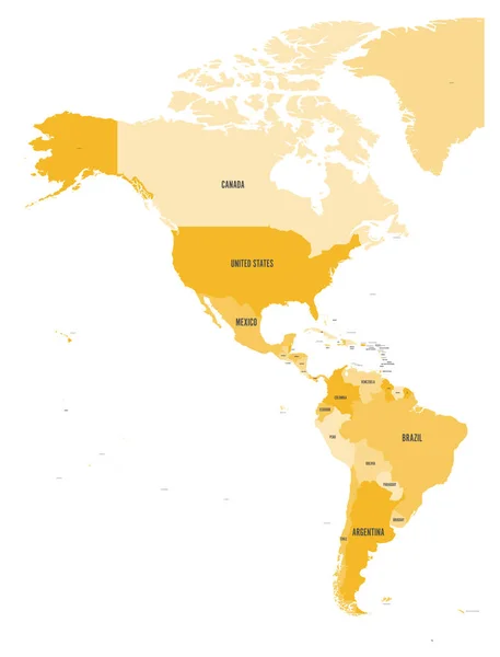 Mapa político de las Américas en cuatro tonos de naranja sobre fondo blanco. América del Norte y del Sur con etiquetas de país. Ilustración simple vector plano — Vector de stock