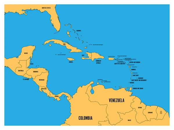 Mapa político de Centroamérica y los estados del Caribe. Tierra amarilla con etiquetas de nombres de países negros sobre fondo azul marino. Ilustración simple vector plano — Archivo Imágenes Vectoriales