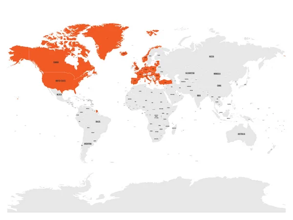 Organisation du Traité de l'Atlantique Nord, OTAN, pays membres mis en évidence par l'orange sur la carte politique mondiale. 29 Etats membres depuis juin 2017 — Image vectorielle