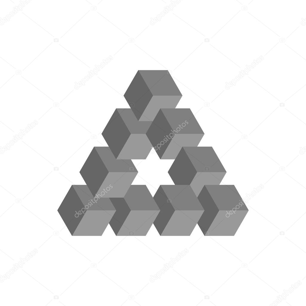 Impossible triangle in grey. 3D cubes arranged as geometric optical illusion. Reutersvard traingle. Vector illustration.