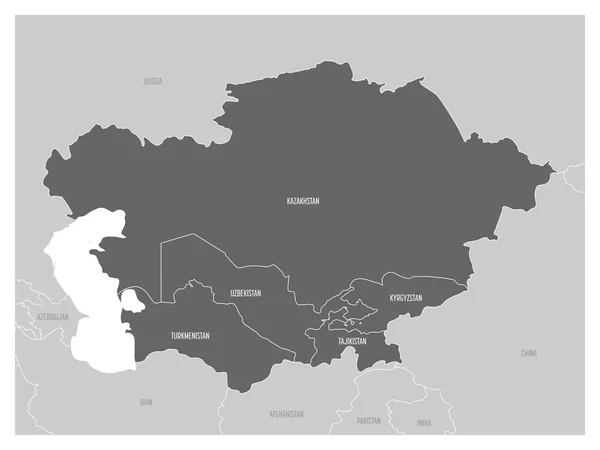 Map of Central Asia region with highlighted Kazakhstan, Kyrgyzstan, Tajikistan, Turkmenistan and Uzbekistan. Flat grey map with country white borders — Stock Vector