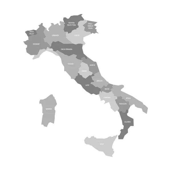 Mappa dell'Italia suddivisa in 20 regioni amministrative in quattro sfumature di grigio. Etichette bianche. Semplice illustrazione vettoriale piatta — Vettoriale Stock