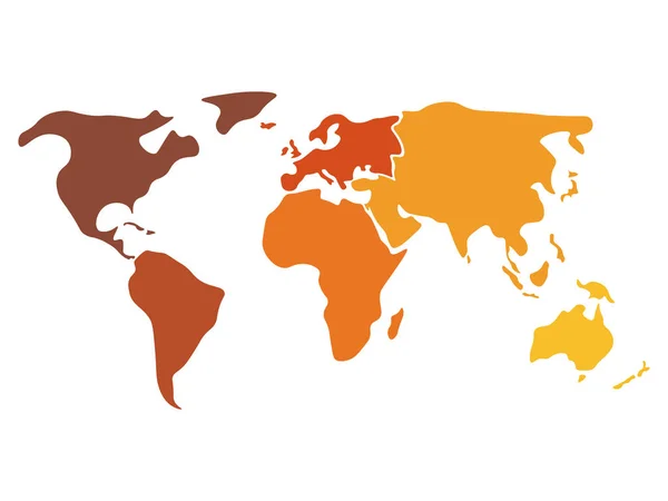Carte du monde multicolore divisée en six continents en différentes couleurs - Amérique du Nord, Amérique du Sud, Afrique, Europe, Asie et Australie Océanie. Carte vectorielle vierge à silhouette simplifiée sans étiquettes — Image vectorielle