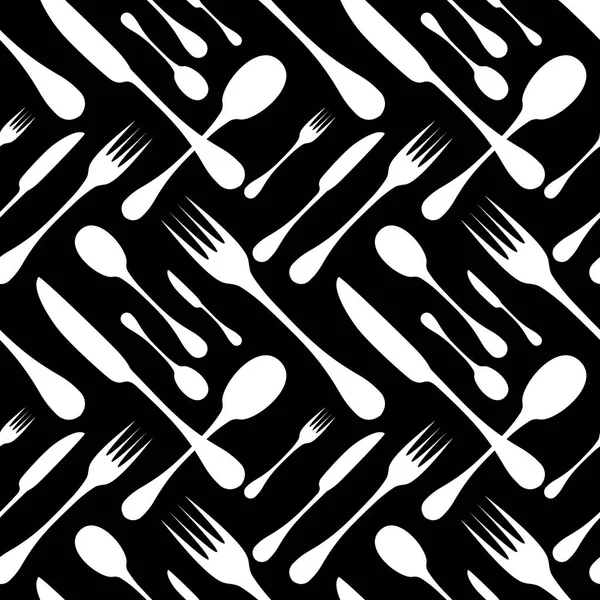 餐具无缝矢量模式。银器手工具-汤匙、 刀子和叉子在黑色背景上的白色轮廓。餐厅和餐主题壁纸设计 — 图库矢量图片