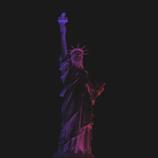 Estátua da Liberdade, Nova Iorque, EUA. Pontos de ilustração meio-tom. Iluminado pela luz azul e vermelha dos faróis do carro da polícia —  Vetores de Stock