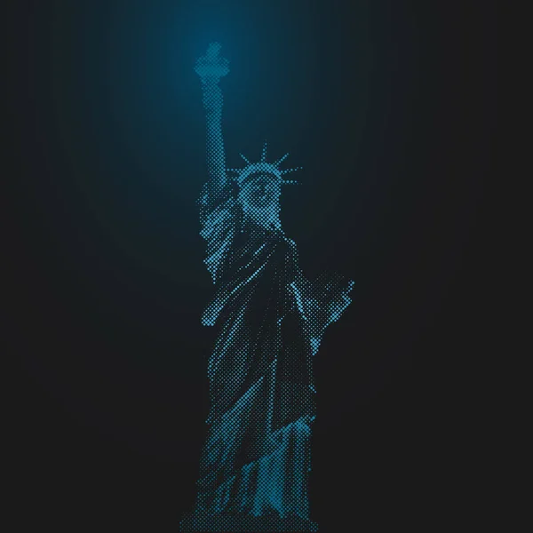 Statue of Liberty, New York, USA. Halftone illustration dots. Blue led light futuristic design on dark background — Stock Vector
