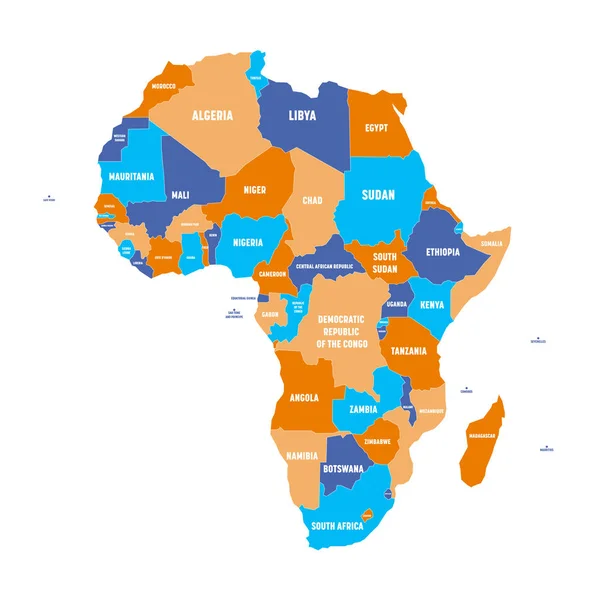 Mapa político multicolor del continente africano con fronteras nacionales y etiquetas de nombres de país sobre fondo blanco. Ilustración vectorial — Vector de stock