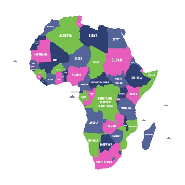 Mapa político multicolorido do continente africano com fronteiras nacionais e rótulos de nomes de países em fundo branco. Ilustração vetorial — Vetor de Stock
