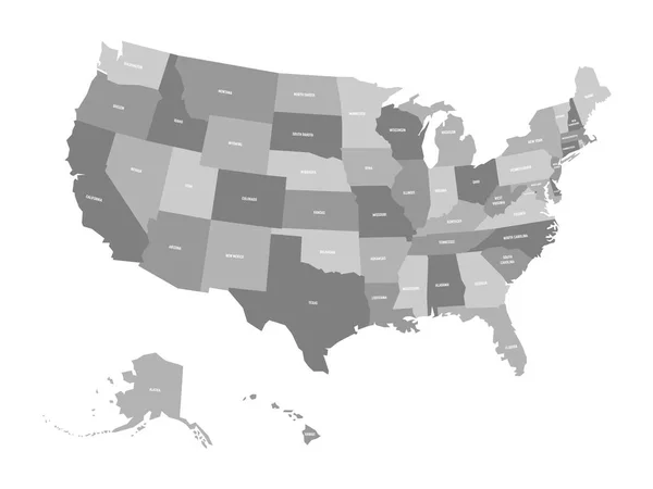 Mapa político de Estados Unidos de América, EE.UU. Simple mapa vectorial plano en cuatro tonos de gris con etiquetas de nombre de estado blanco sobre fondo blanco — Vector de stock