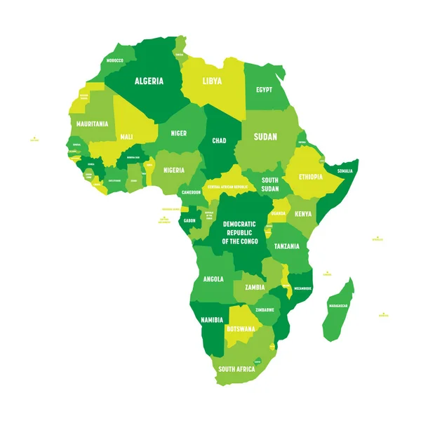 Mapa político de África en cuatro tonos de verde con etiquetas de nombre de país blanco sobre fondo blanco. Ilustración vectorial — Vector de stock