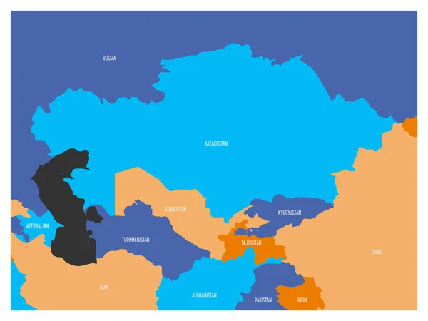 Χάρτης της περιοχής της Κεντρικής Ασίας με. Επίπεδη χάρτη σε τέσσερα χρώματα με λευκό χώρα σύνορα και κράτος ονόματα — Διανυσματικό Αρχείο