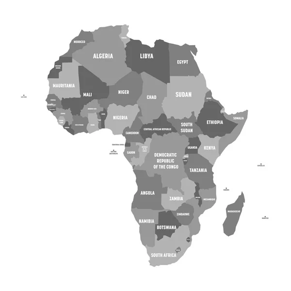 Mapa político de África en cuatro tonos de gris con etiquetas de nombre de país blanco sobre fondo blanco. Ilustración vectorial — Vector de stock