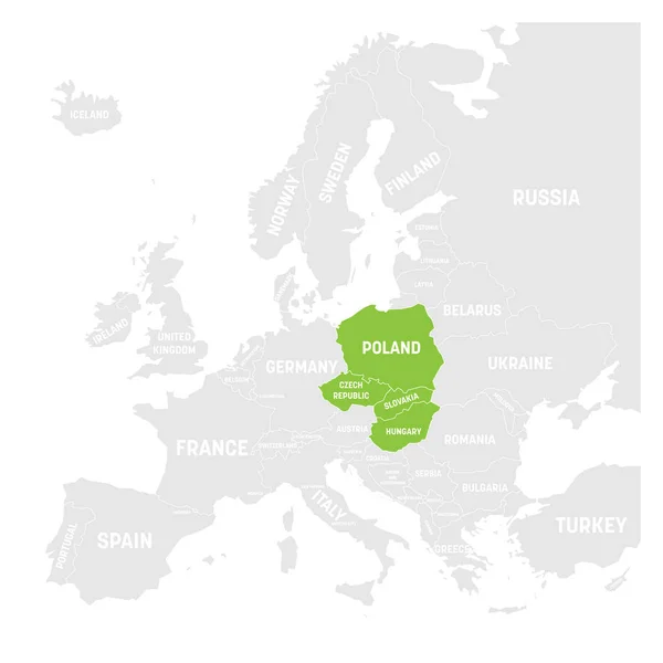 Visegrad Quattro stati mappa evidenziata dal verde nella mappa dell'Europa. Etichette bianche del nome del paese e isolate su sfondo bianco. Illustrazione vettoriale — Vettoriale Stock