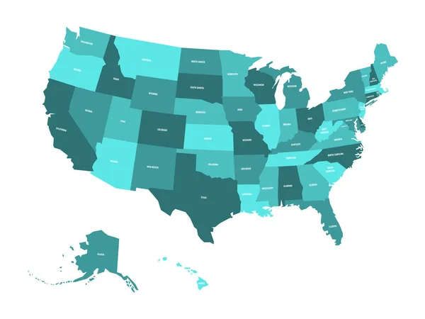 Mapa Stanów Zjednoczonych Ameryki, USA, w czterech odcieniach turkusowego błękitu z białymi etykietami stanowymi. Prosta płaska ilustracja wektor izolowane na białym tle — Wektor stockowy