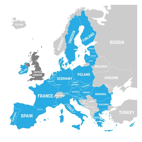 Mapa Evropy s modře zvýrazněné členskými státy Eu a Velká Británie v různých barvách. Vektorové ilustrace. Zjednodušená Mapa Evropské unie — Stockový vektor