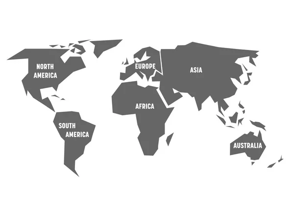 Zjednodušená šedá silueta mapy světa rozdělená na šest kontinentů. Jednoduchá plochá vektorová ilustrace na bílém pozadí — Stockový vektor